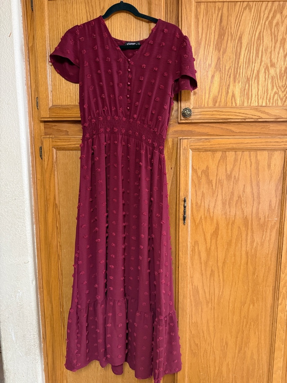 Textured Dot Burgundy Maxi Dress with Smocked Waist